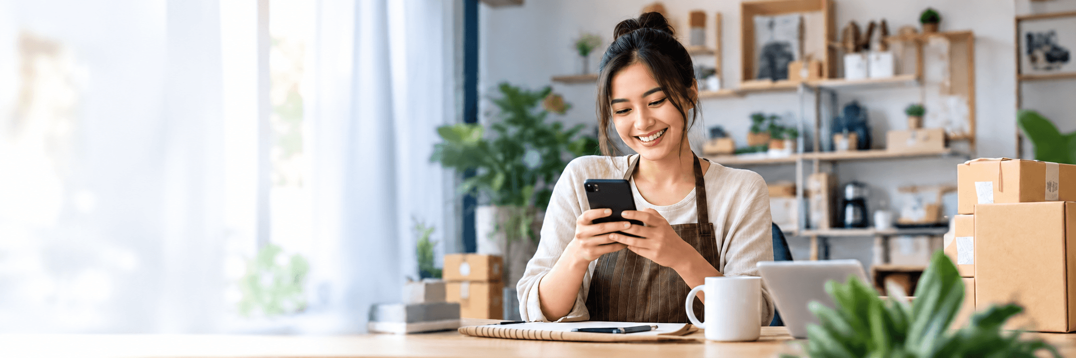 Pemilik bisnis tersenyum melihat HP di tokonya